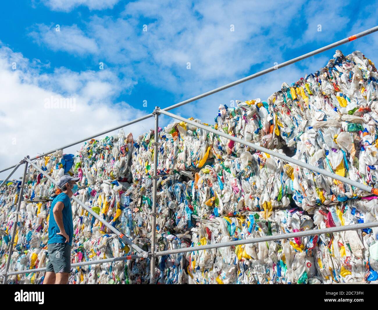 Las Palmas, Gran Canaria, Isole Canarie, Spagna. 19 novembre 2020. Un uomo che indossa una copertura facciale accanto alla plastica di scarto compattata nel parco a Las Palmas su Gran Canaria. L'impianto fa parte di una mostra chiamata 'Biotopias 2' che mira a sensibilizzare l'opinione pubblica sul viaggio verso l'esterno dei rifiuti di plastica. Credit: Alan Dawson/Alamy Live News Foto Stock