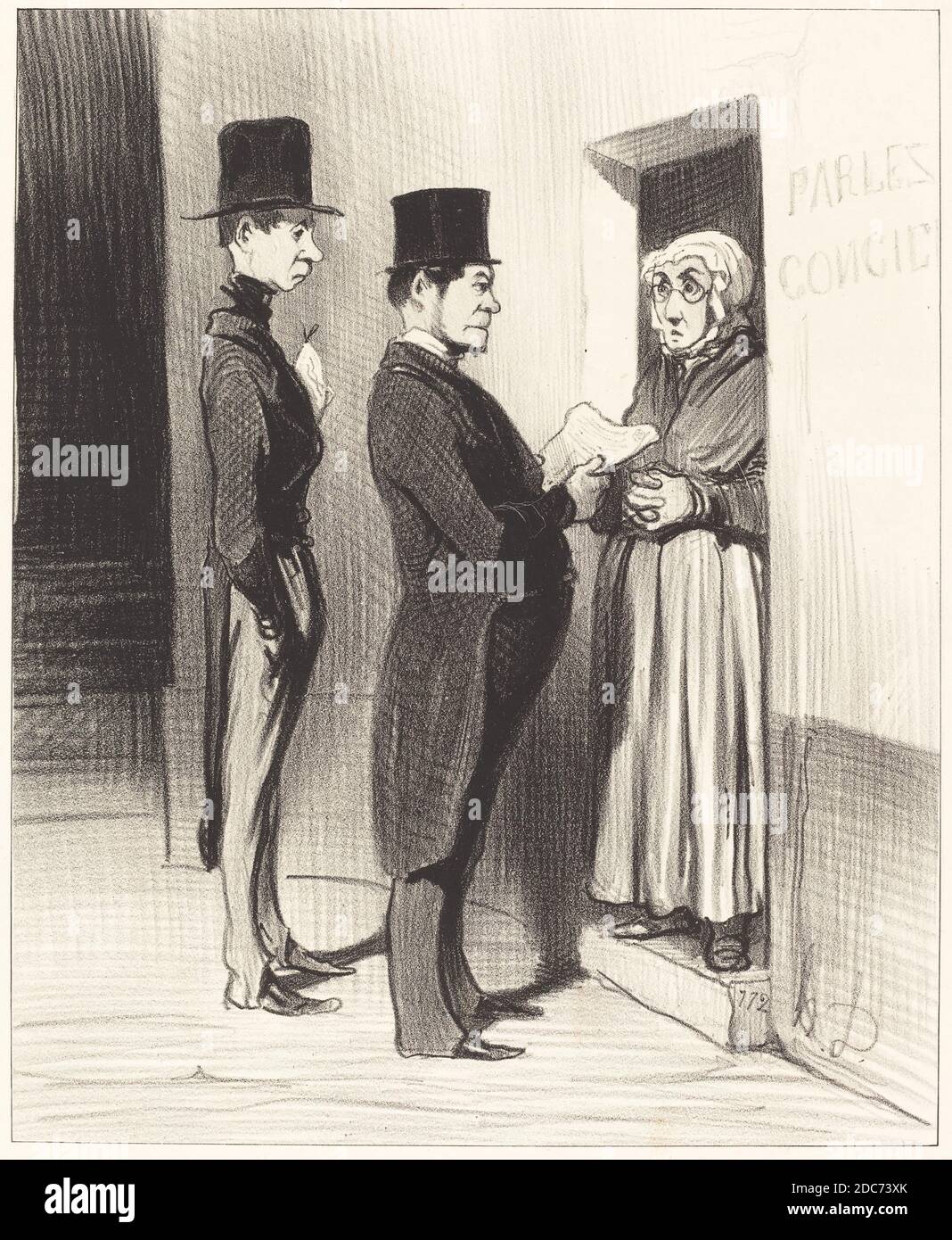 Honoré Daumier, (artista), francese, 1808 - 1879, et parlant a sa portière ainssi déclarée..., Les Gens de justice: pl.10, (serie), 1845, litografia Foto Stock