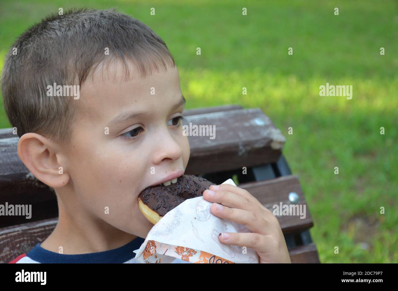 Piccolo ragazzo carino che mangia ciambella di cioccolato in una giornata di sole. Piccolo ragazzo carino che mangia ciambella al cioccolato in una giornata di sole nel parco Foto Stock