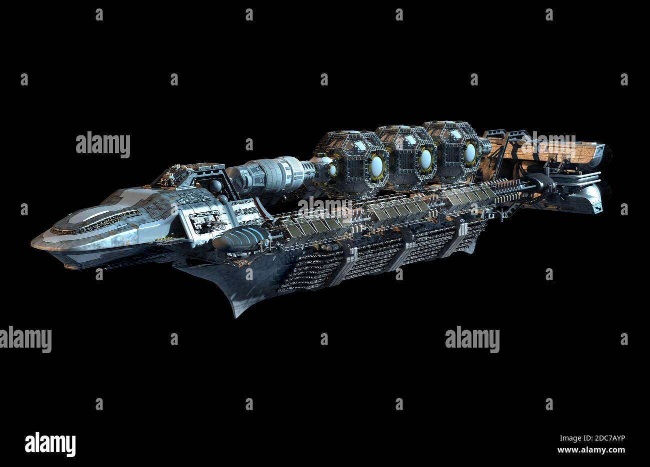 Illustrazione 3D dettagliata di una navicella spaziale interstellare per i futuristici viaggi spaziali profondi o i videogiochi di fantascienza, con il percorso di ritaglio incluso Foto Stock