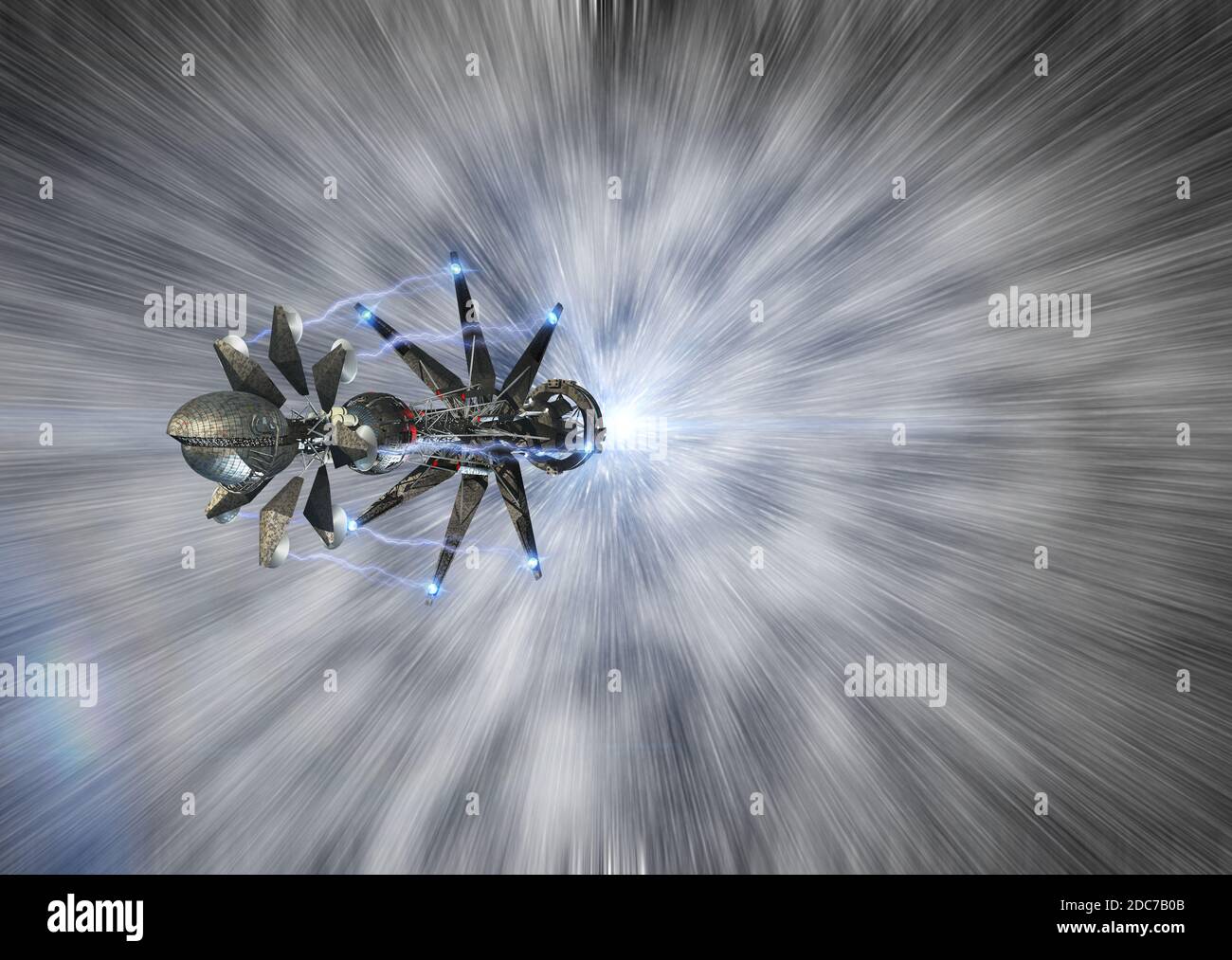 Illustrazione 3D di una navicella spaziale che raggiunge una velocità leggera, per viaggi interstellari futuristici o sfondi di videogiochi Foto Stock