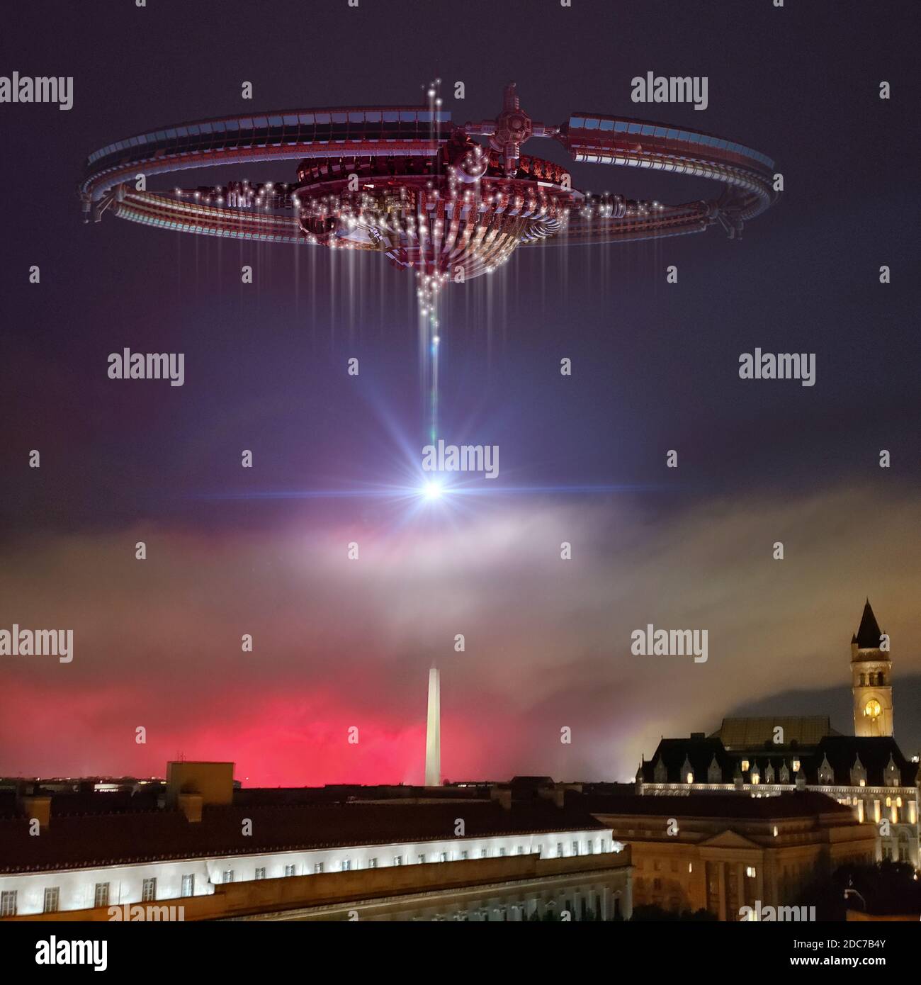 Illustrazione 3D di una astronave aliena sopra Washington DC che spara l'arma primaria, per fantascienza aliena contatto sfondi, futuristico int Foto Stock