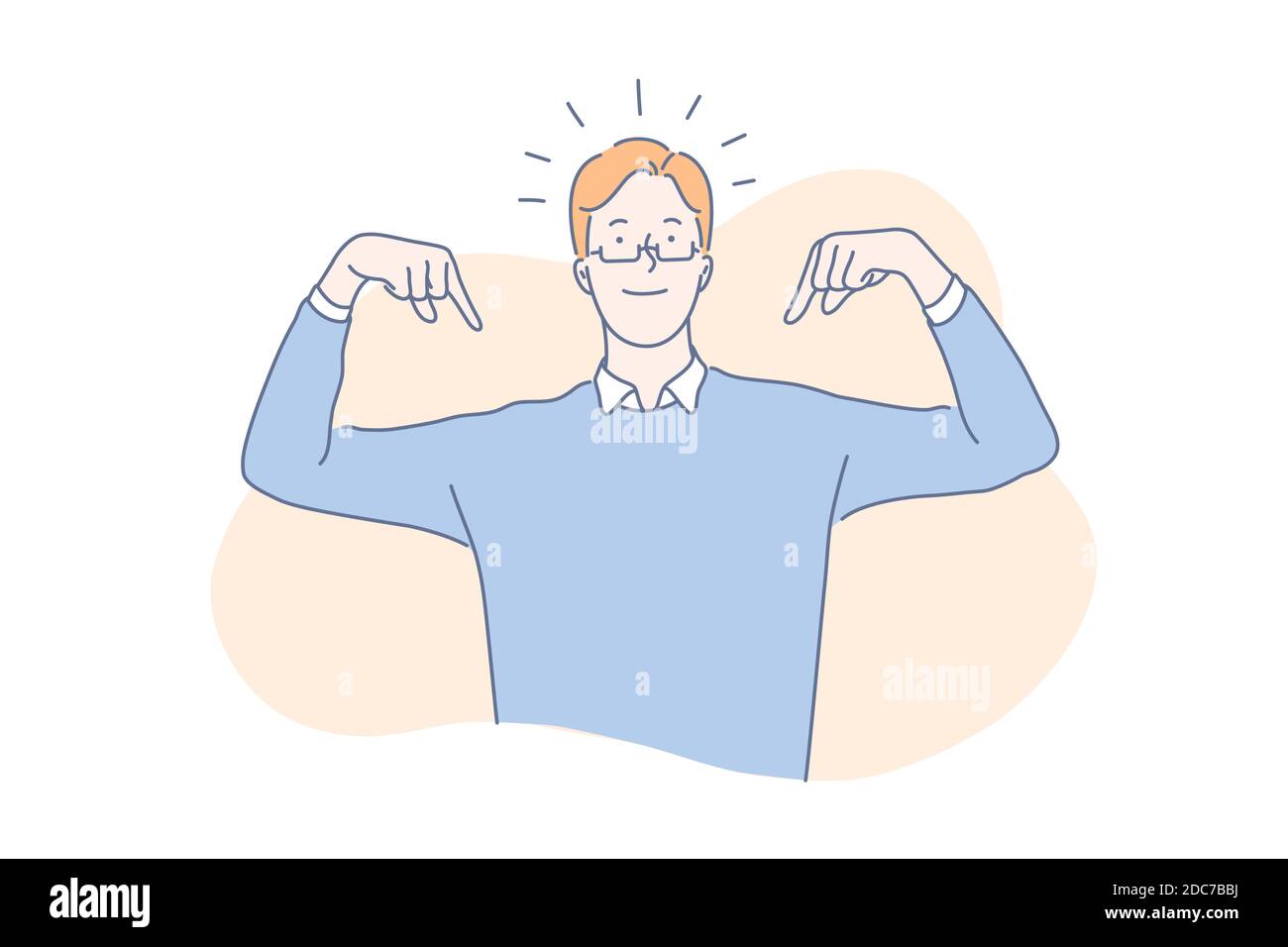 Concetto di stima di sé alta. Orgoglioso giovane uomo che indica se stesso con entrambe le mani, sicuro, riuscito bel ragazzo vantare, narcisistico, arrogante, ch Illustrazione Vettoriale