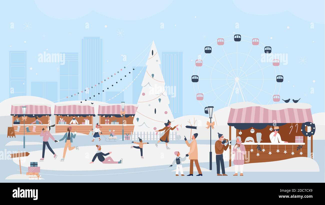 La gente celebra Natale inverno festa stagione in xmas mercato equo vettore illustrazione. I personaggi di Cartoon Man Woman si divertono, pattinano, camminano intorno all'albero di Natale, bevono bevande calde sullo sfondo Illustrazione Vettoriale