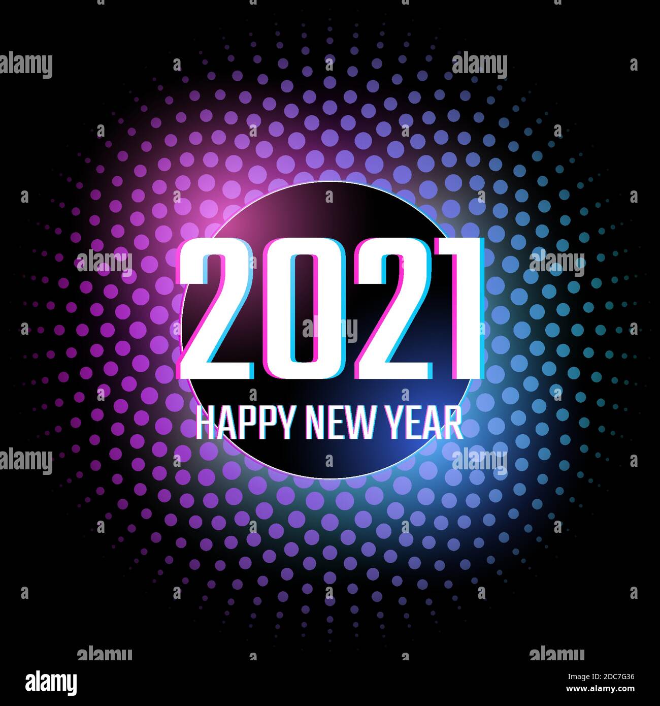 Felice anno nuovo 2021 glitch etichetta circolare in luce al neon effetto colore Illustrazione Vettoriale