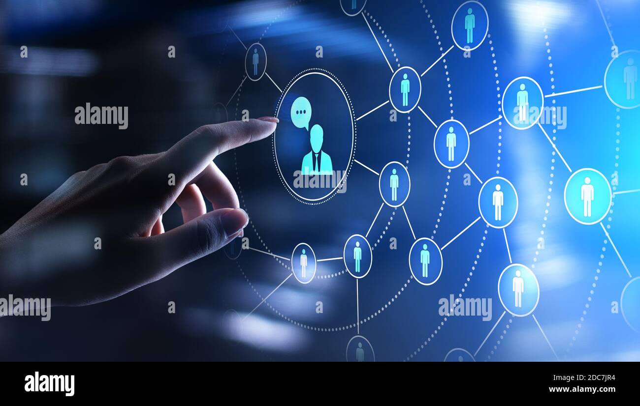 Piattaforma di social media, struttura di comunicazione con i clienti, SMM, Marketing. Internet e tecnologia aziendale Foto Stock