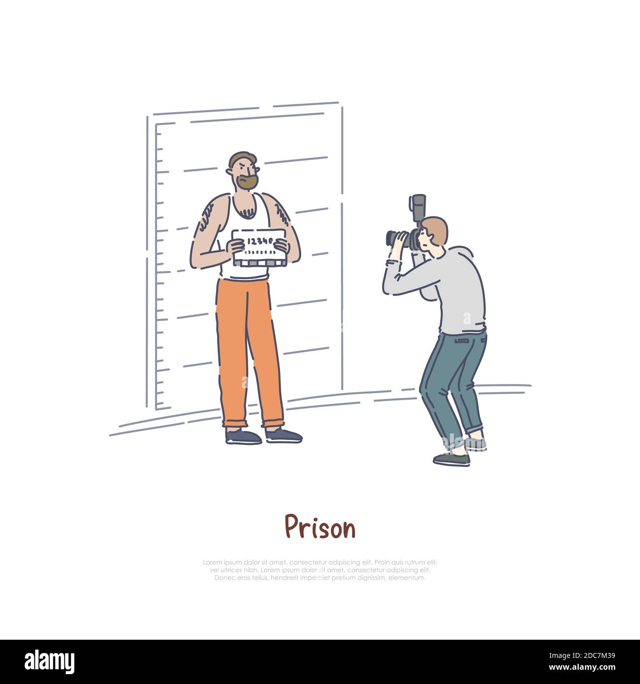 Prigioniero in posa per la polizia mugshot, poliziotto prendendo foto sospette, condannato, uomo arrestato modello banner. Carcere criminale, prigione, coda di coda Illustrazione Vettoriale