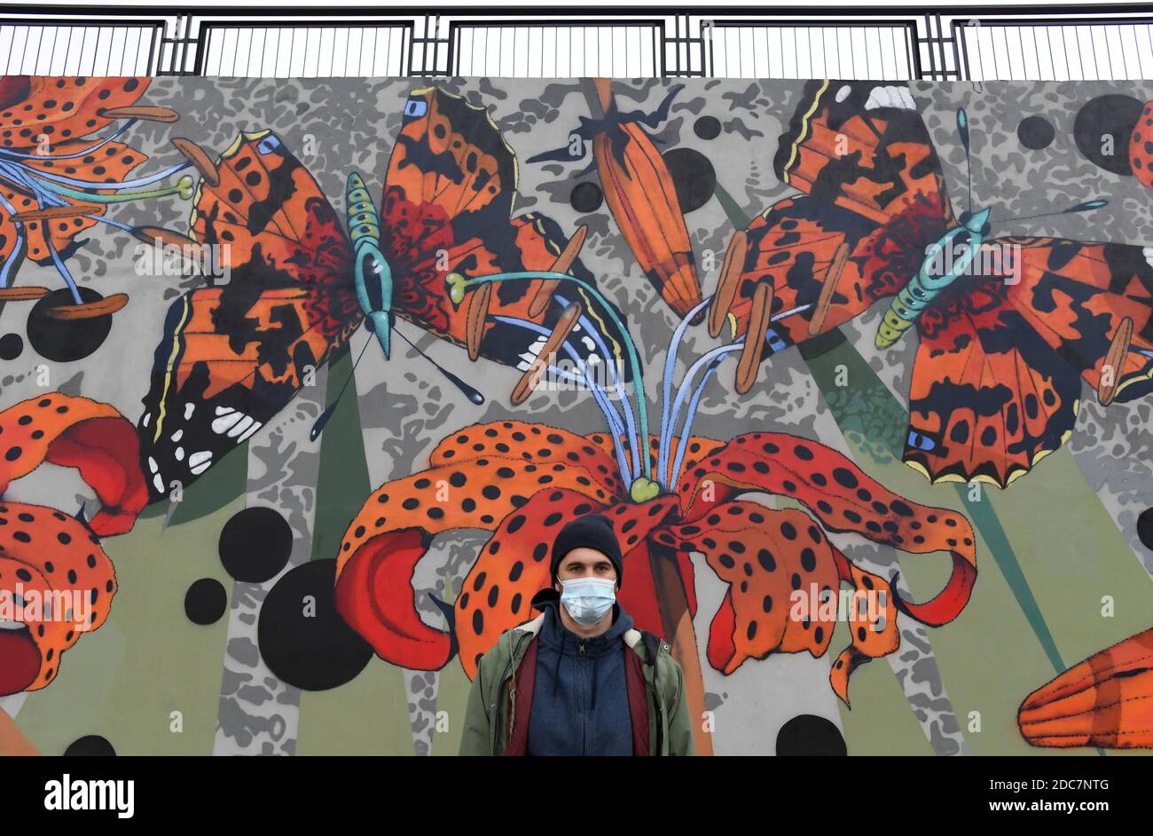 Praga, Repubblica Ceca. 19 Nov 2020. L'artista Ondrej Vyhnanek, indossando una maschera facciale, presenta la sua nuova opera di arte murale 'Flora e Fauna' decorando la ricostruita linea rossa della stazione della metropolitana Opatov uscita di emergenza a Praga, Repubblica Ceca, giovedì 19 novembre 2020. Credit: Michal Krumphanzl/CTK Photo/Alamy Live News Foto Stock