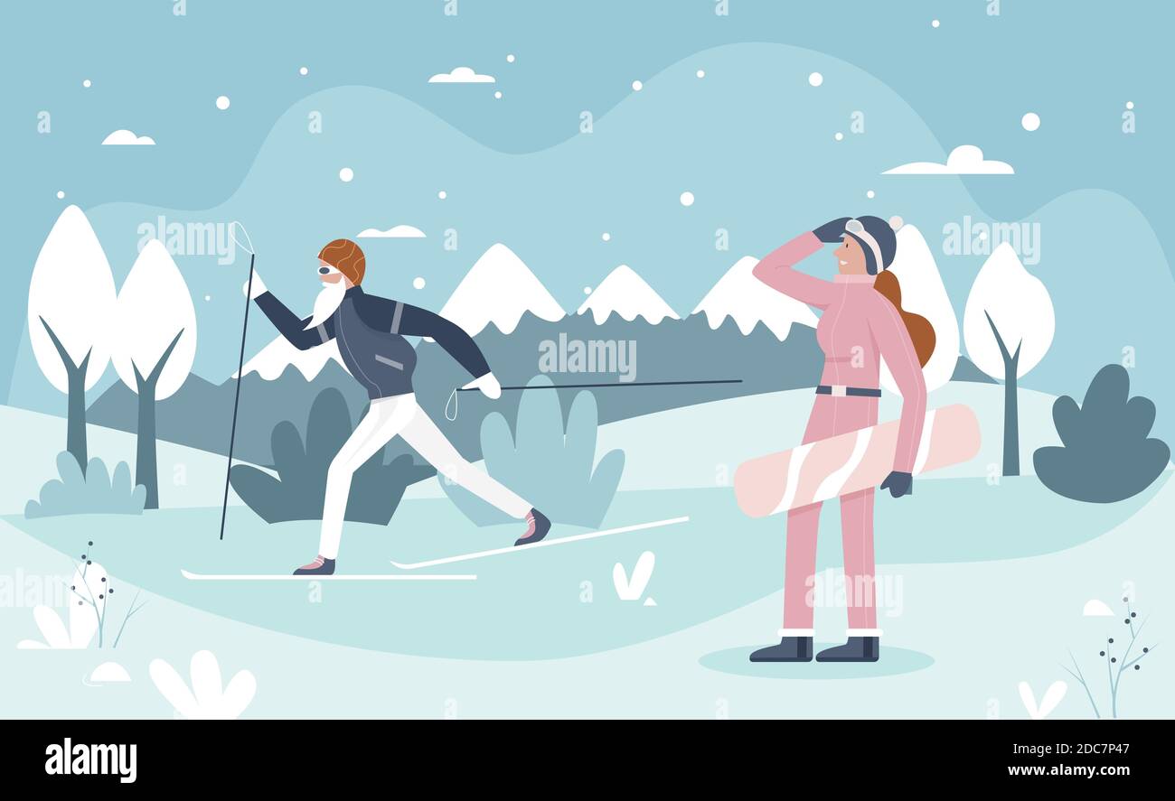 Sport invernale attività sana illustrazione vettoriale. Cartoon uomo  sportivo donna personaggi indossando abbigliamento sportivo sci e snowboard  nella neve paesaggio natale, felice vacanza sfondo Immagine e Vettoriale -  Alamy