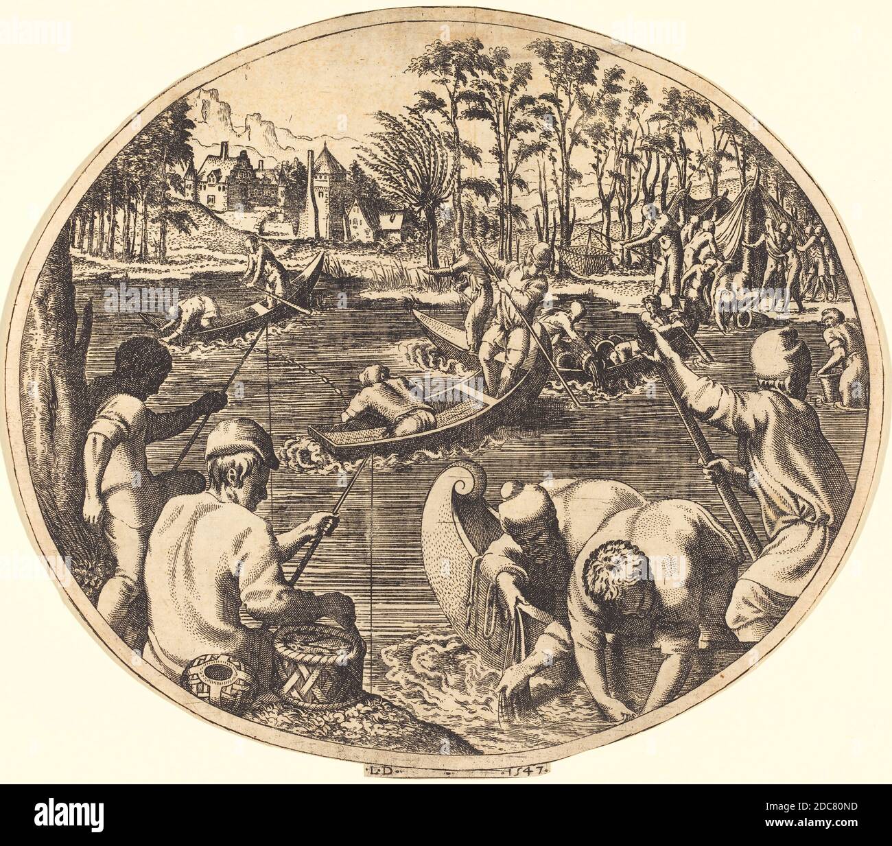 Léon Davent, (artista), francese, attivo 1540 - 1556, Francesco Primaticcio, (artista dopo), italiano, 1504 - 1570, pesca scena, 1547, incisione Foto Stock