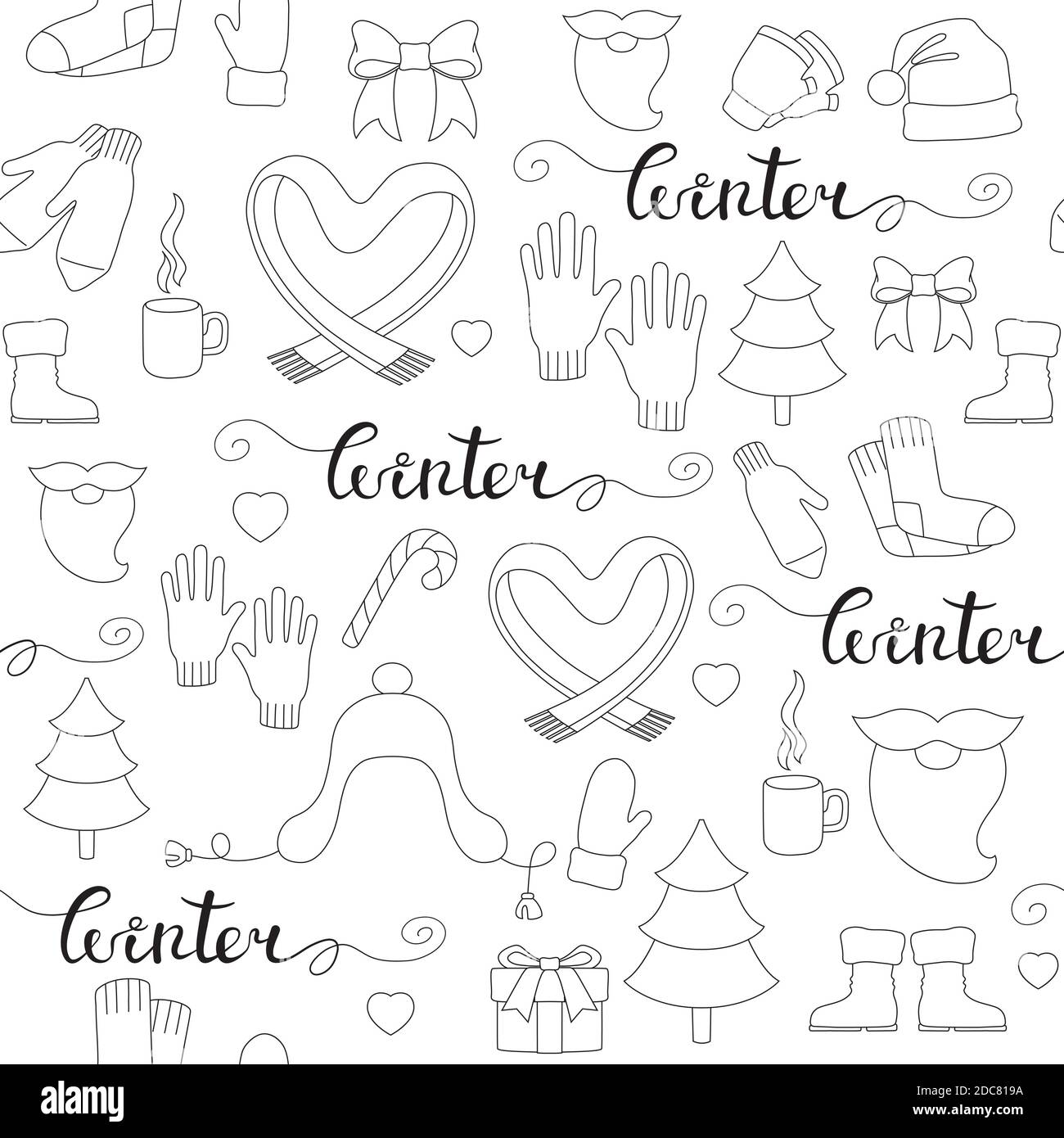 Attributi del modello invernale senza cuciture. Noodle bianco e nero Illustrazione Vettoriale