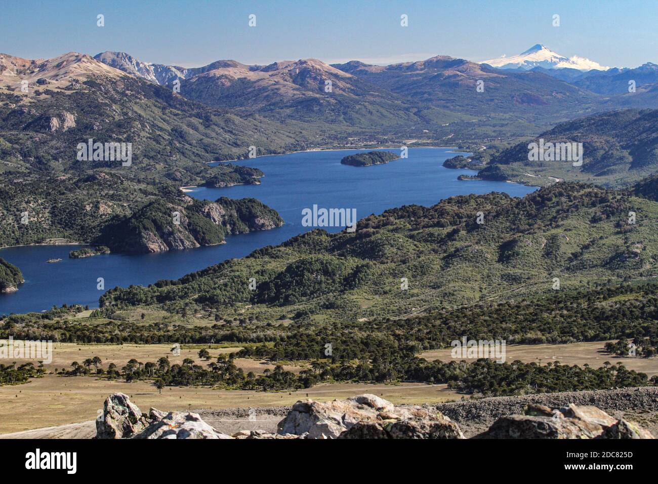 Una breve escursione alla cima del Volcan Batea Mahuida dalla base di Villa Pehuenia. Foto Stock