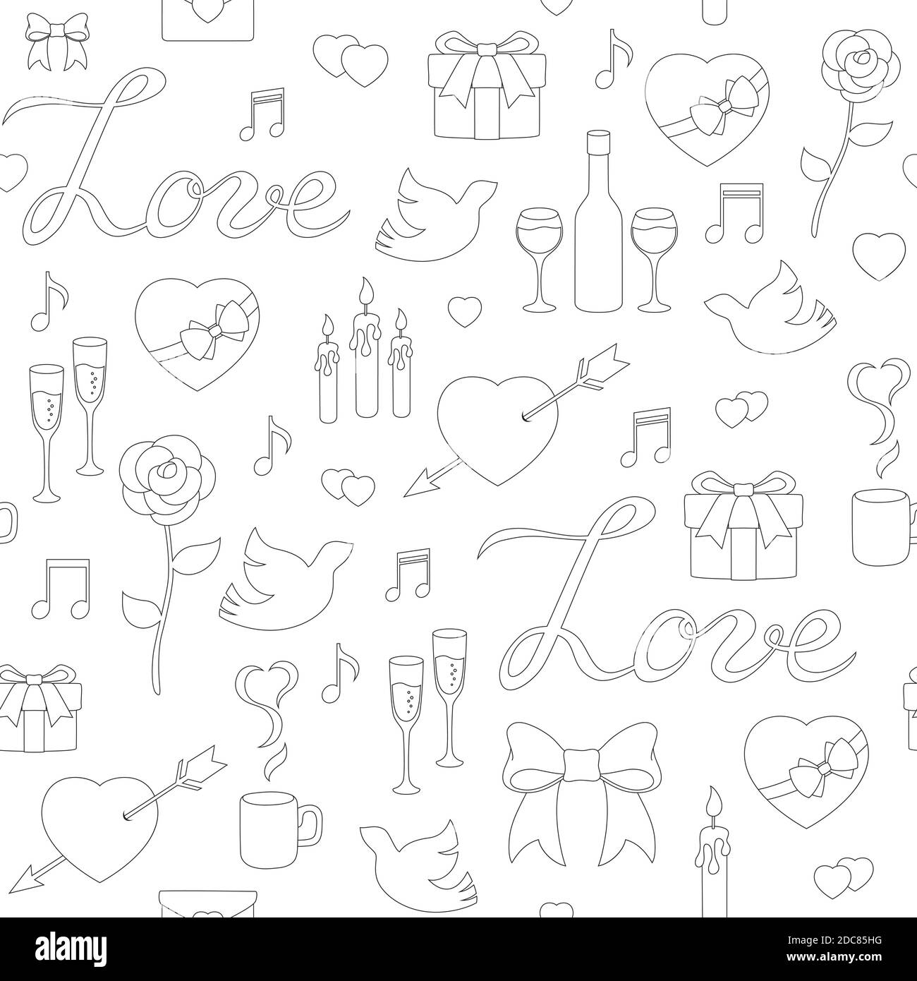 linea bianca e nera senza cuciture motivo doodle amore. Illustrazione Vettoriale