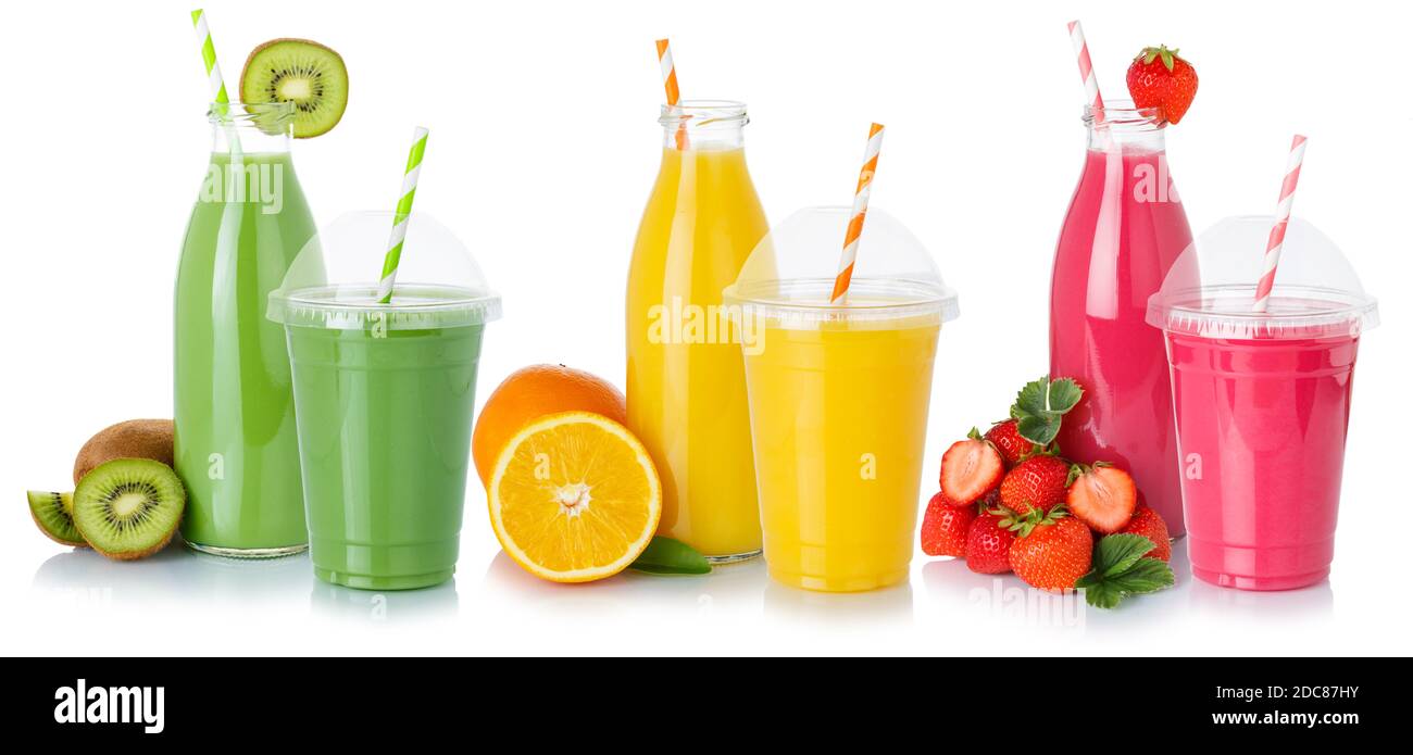 Frullato frullato smoothie succo di frutta bevande paglia in bottiglia e coppa isolata su sfondo bianco Foto Stock