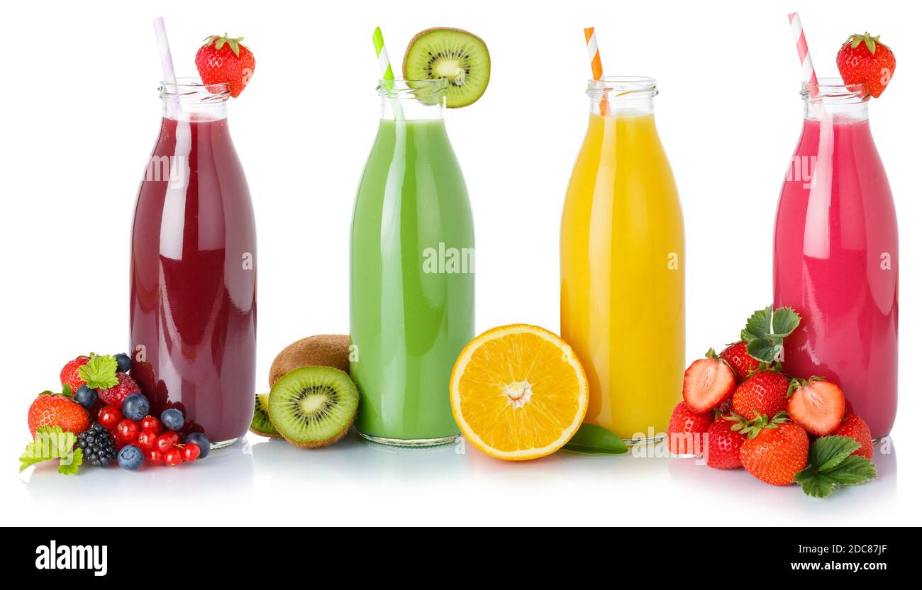 Succhi di frutta succhi di frutta bevande bevande bottiglie di bevande isolate su a. sfondo bianco Foto Stock