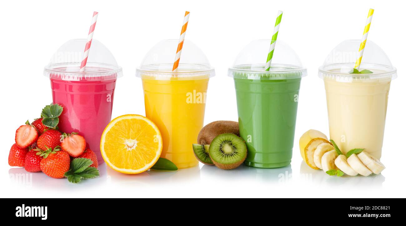 Succo di frutta fresca frullati bevande all'arancia tazze mangiare sano isolato su sfondo bianco Foto Stock
