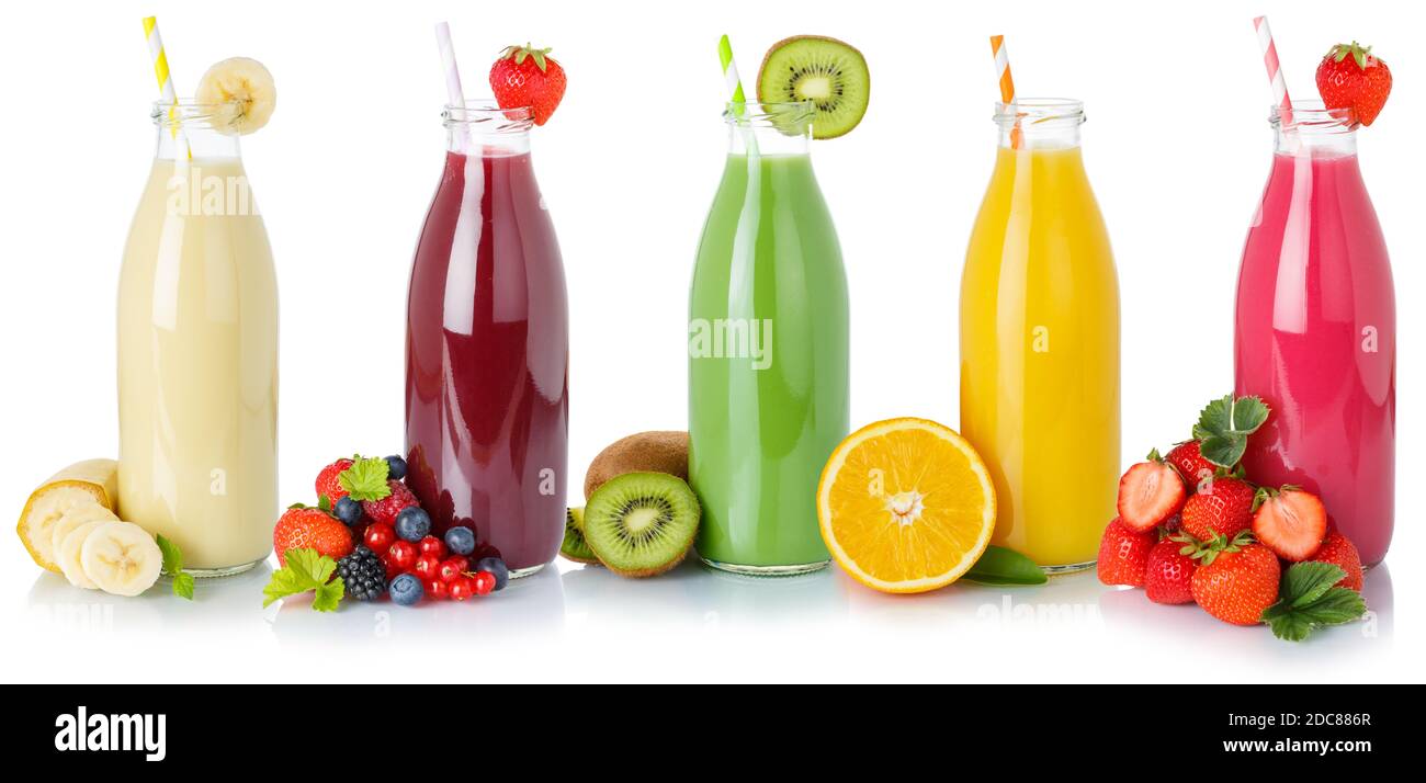 Raccolta di succhi di frutta succhi di frutta bevande bevande bottiglie di bevande isolate su sfondo bianco Foto Stock