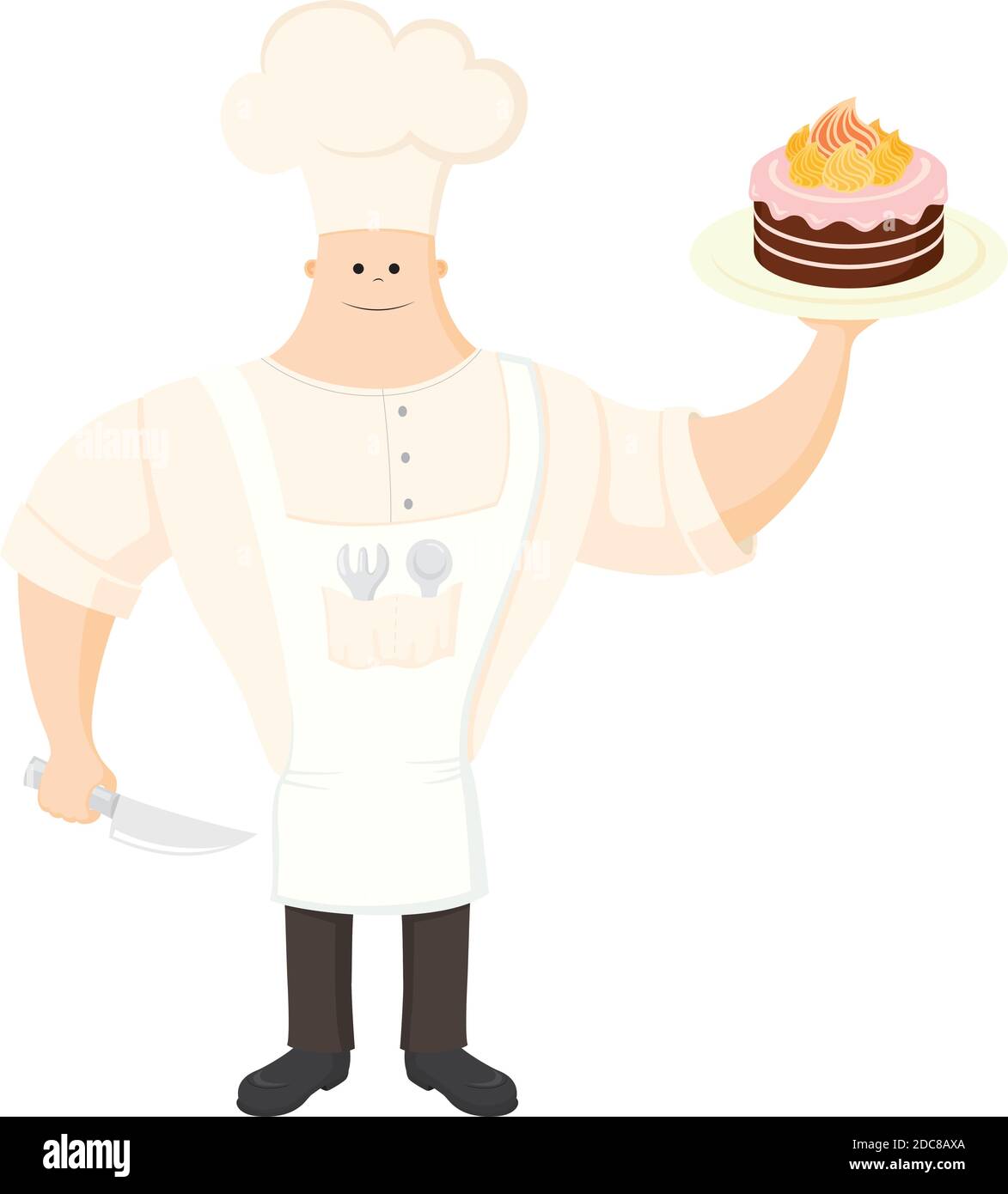 Cuocete in modo uniforme con la torta e il coltello su sfondo bianco. Illustrazione Vettoriale