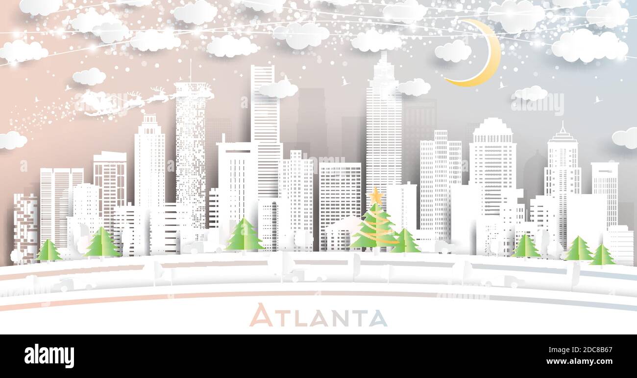 Atlanta Georgia City Skyline in stile Paper Cut con fiocchi di neve, Luna e Neon Garland. Illustrazione vettoriale. Natale e Capodanno. Illustrazione Vettoriale