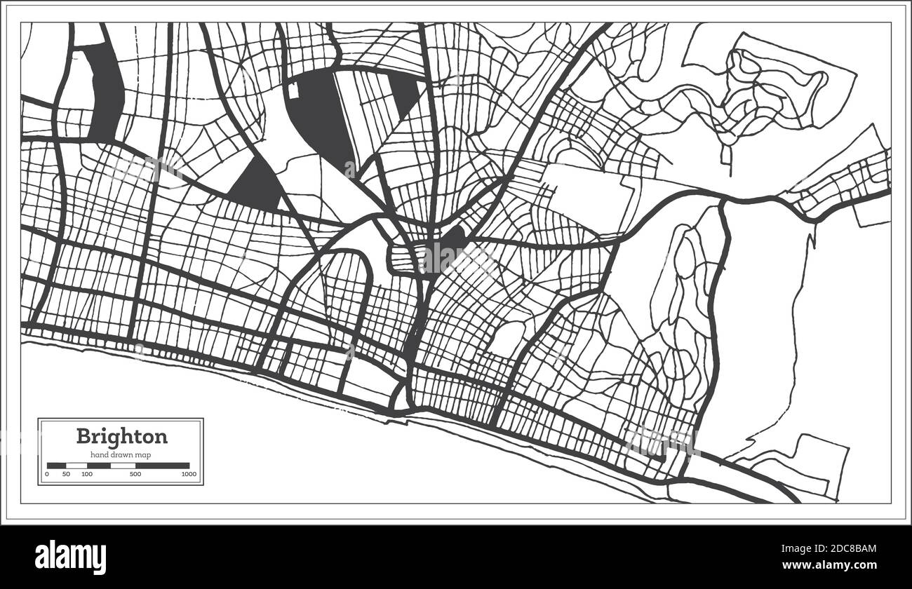 Mappa della città di Brighton Gran Bretagna in bianco e nero in stile retro. Mappa di contorno. Illustrazione vettoriale. Illustrazione Vettoriale