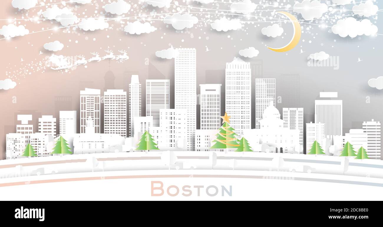 Boston Massachusetts USA City Skyline in stile Paper Cut con fiocchi di neve, Luna e Neon Garland. Illustrazione vettoriale. Natale e Capodanno. Illustrazione Vettoriale