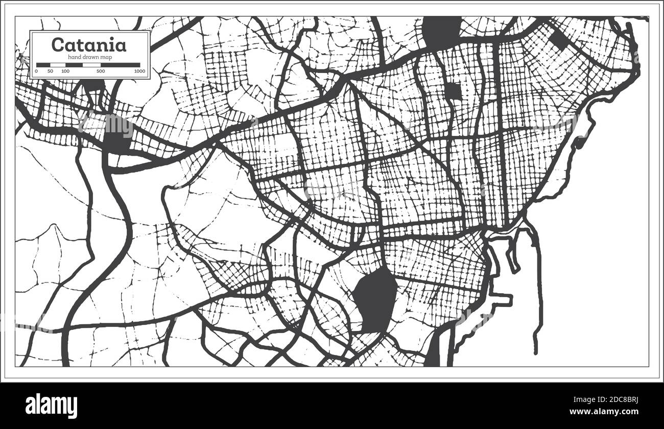 Catania Mappa della città in bianco e nero in stile retro. Mappa di contorno. Illustrazione vettoriale. Illustrazione Vettoriale