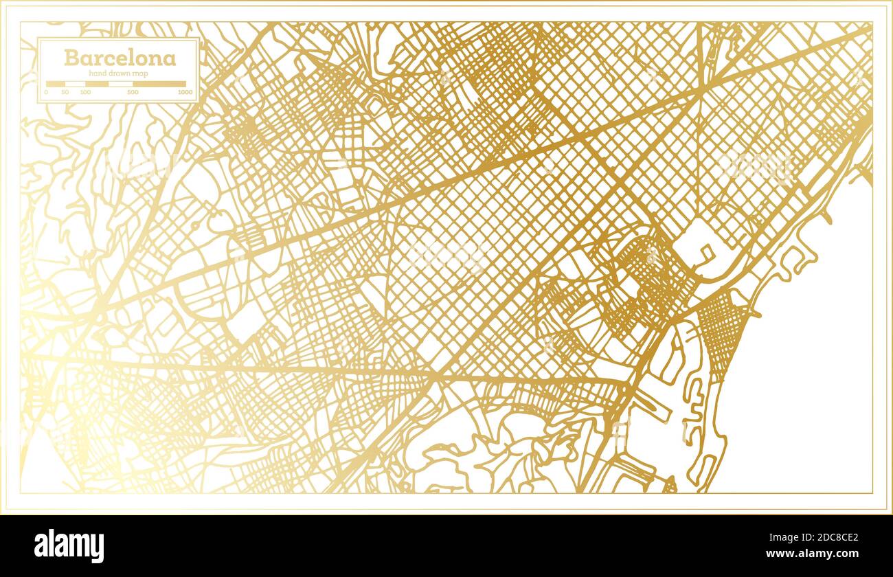Mappa della città di Barcellona in stile retro in colore dorato. Mappa di contorno. Illustrazione vettoriale. Illustrazione Vettoriale