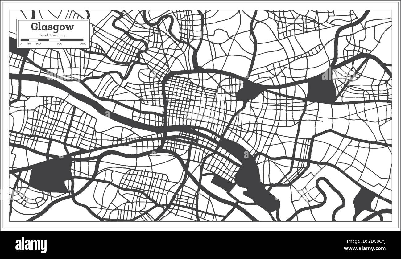 Mappa della città di Glasgow Gran Bretagna in bianco e nero in stile retro. Mappa di contorno. Illustrazione vettoriale. Illustrazione Vettoriale