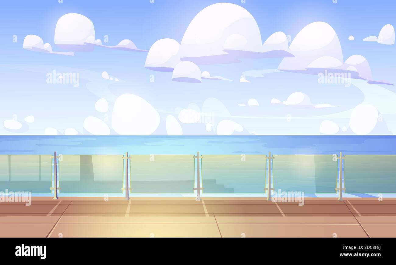 Ponte o banchina con balaustra di vetro, nave vuota con pavimento in legno e recinzione in plexiglass. moderna barca a vela di lusso in mare o oceano. Nave da passeggeri in estate, illustrazione vettoriale Cartoon Illustrazione Vettoriale