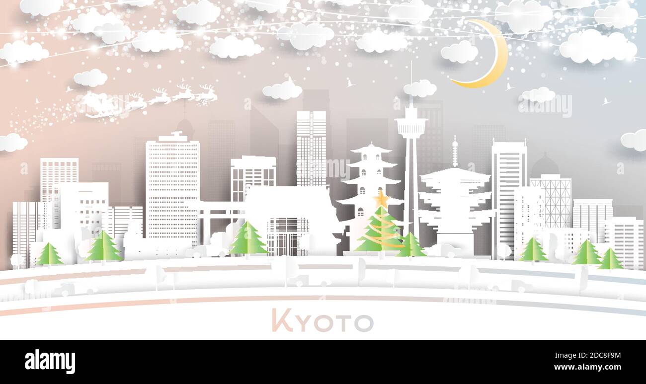 Kyoto Japan City Skyline in stile Paper Cut con fiocchi di neve, Luna e Neon Garland. Illustrazione vettoriale. Natale e Capodanno. Illustrazione Vettoriale