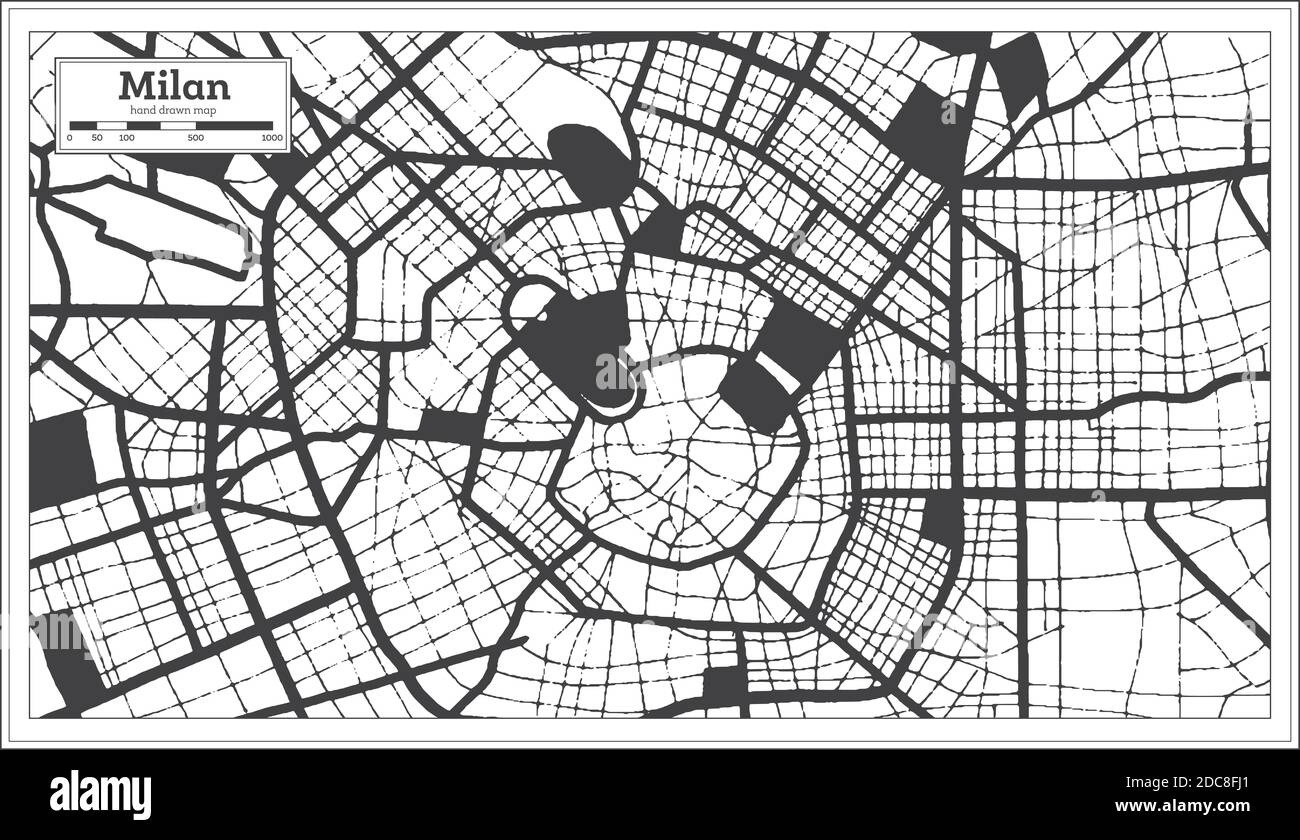 Mappa della città di Milano in bianco e nero in stile retro. Mappa di contorno. Illustrazione vettoriale. Illustrazione Vettoriale