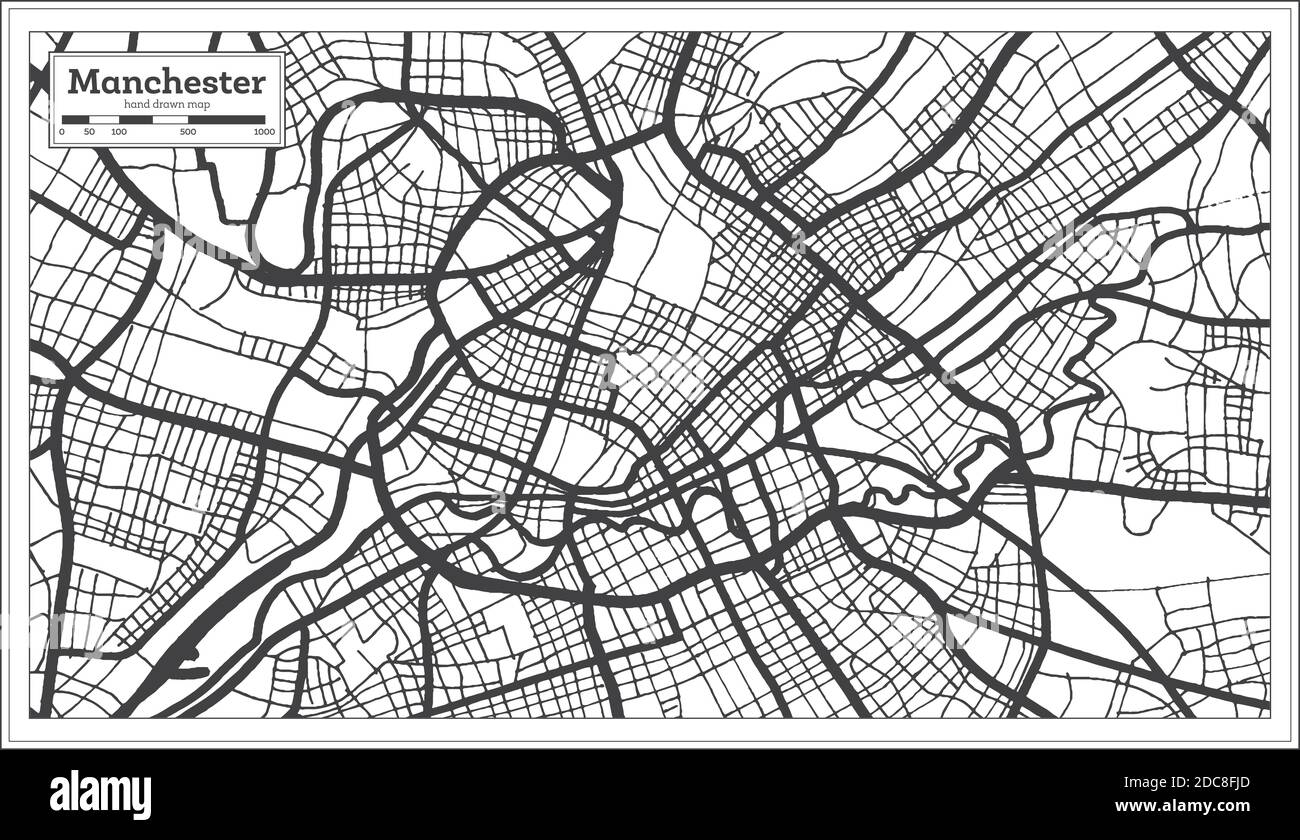 Mappa della città di Manchester Gran Bretagna in bianco e nero in stile retro. Mappa di contorno. Illustrazione vettoriale. Illustrazione Vettoriale