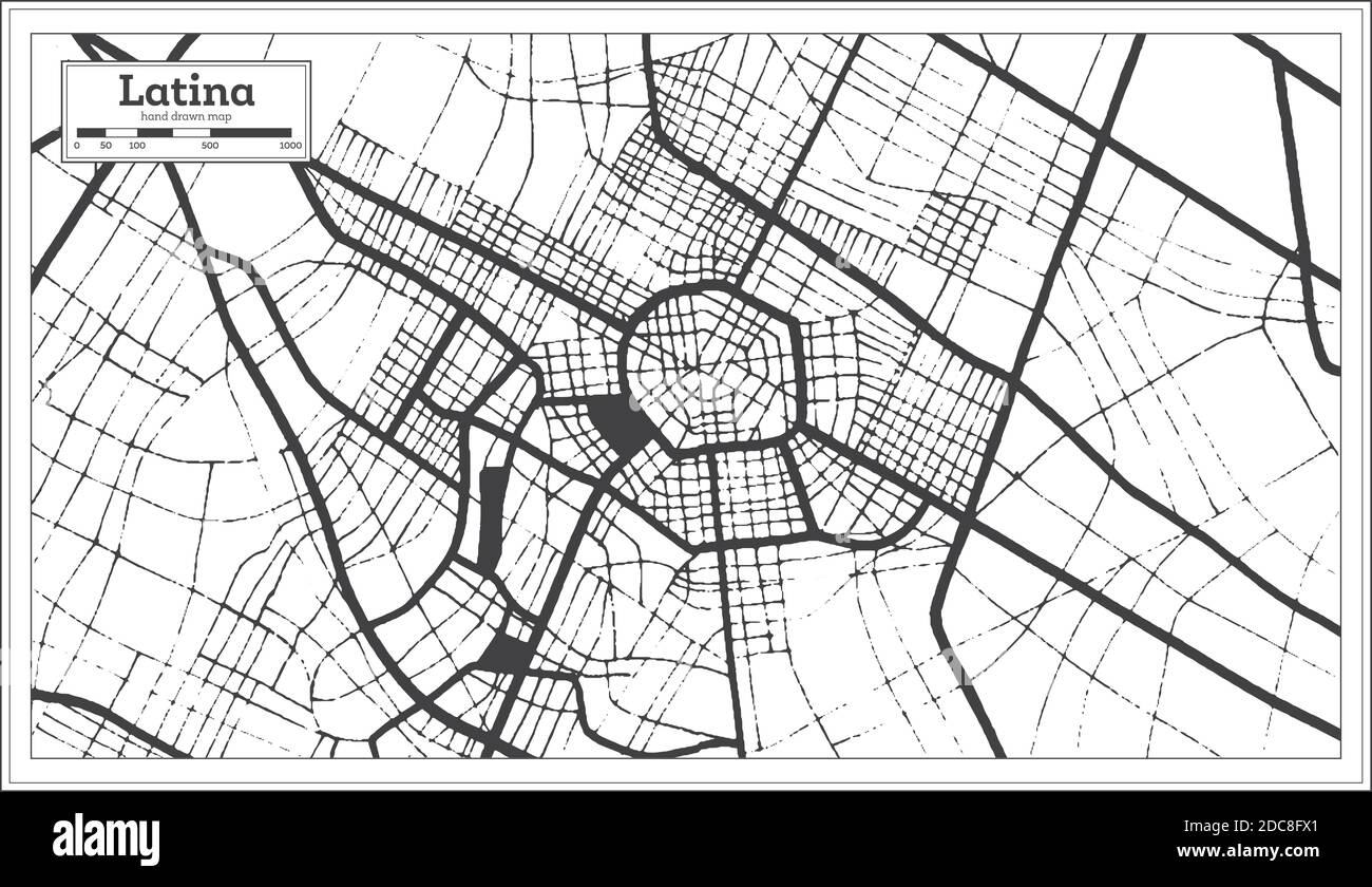 Latina Mappa della città in bianco e nero in stile retro. Mappa di contorno. Illustrazione vettoriale. Illustrazione Vettoriale