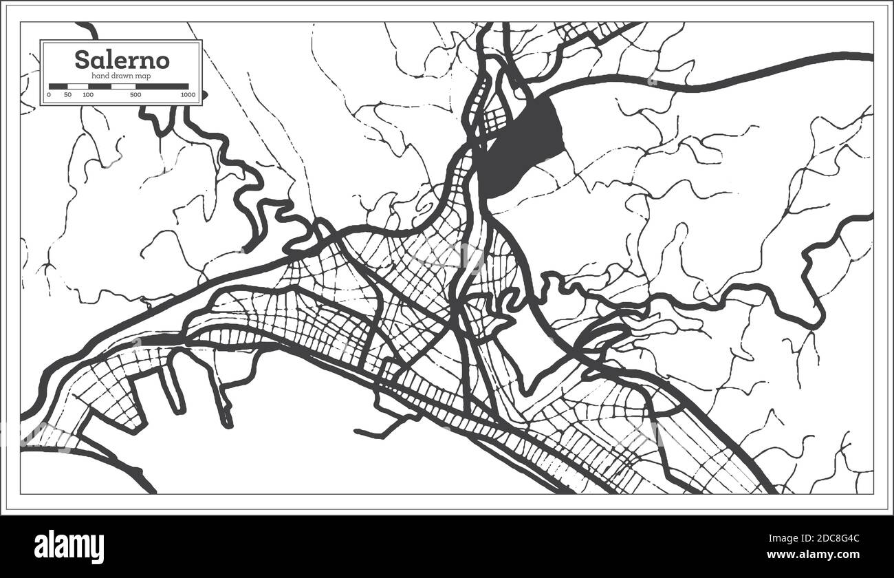 Salerno Mappa della città in bianco e nero in stile retro. Mappa di contorno. Illustrazione vettoriale. Illustrazione Vettoriale