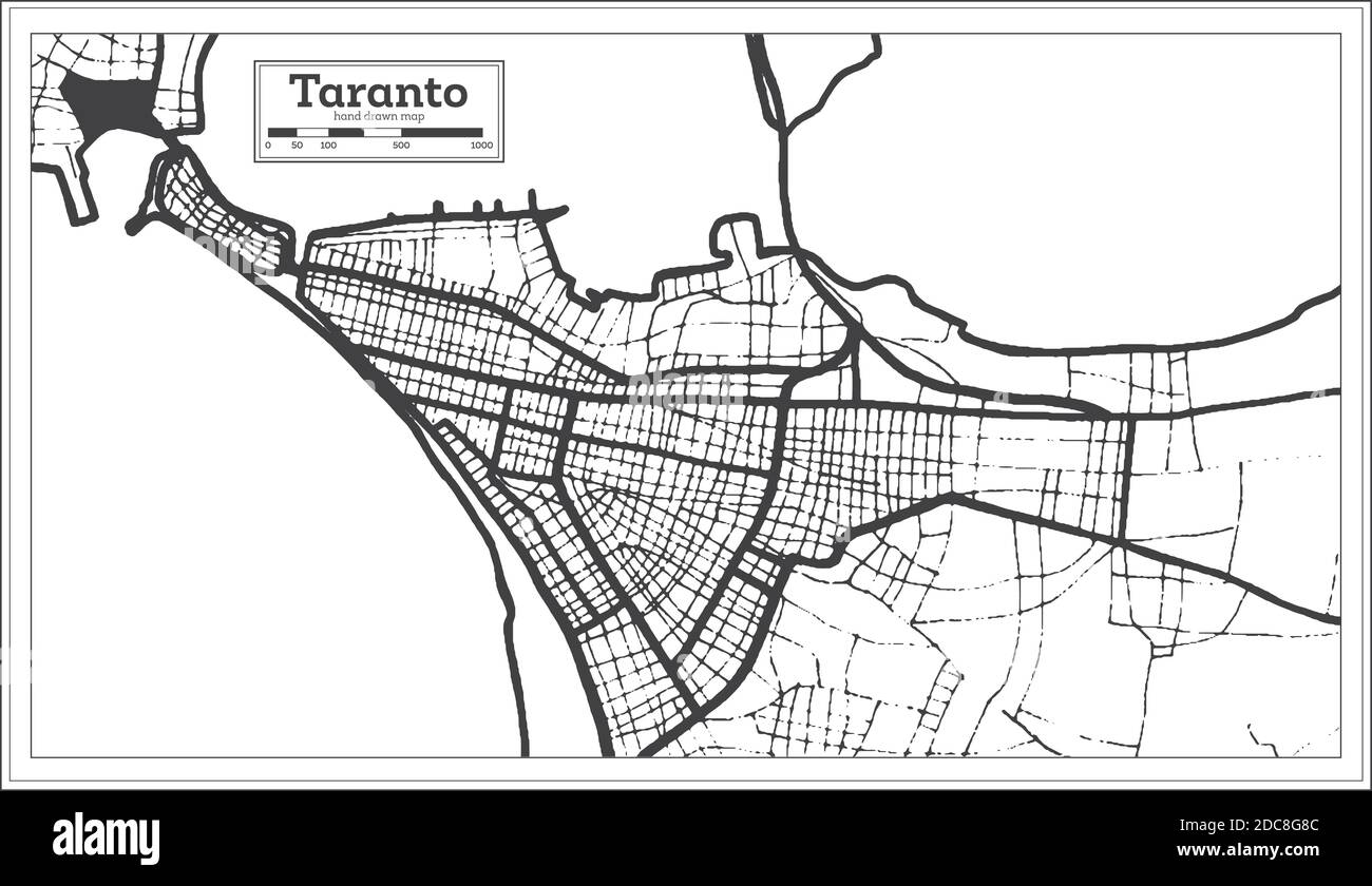 Taranto Mappa della città in bianco e nero in stile retro. Mappa di contorno. Illustrazione vettoriale. Illustrazione Vettoriale