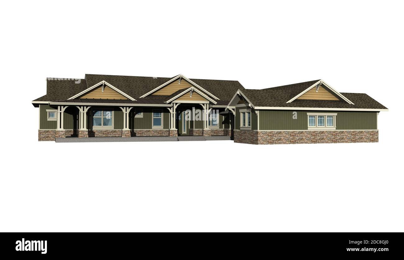 modello 3d di casa ranch isolato su bianco, con percorso di lavoro incluso nell'illustrazione Foto Stock