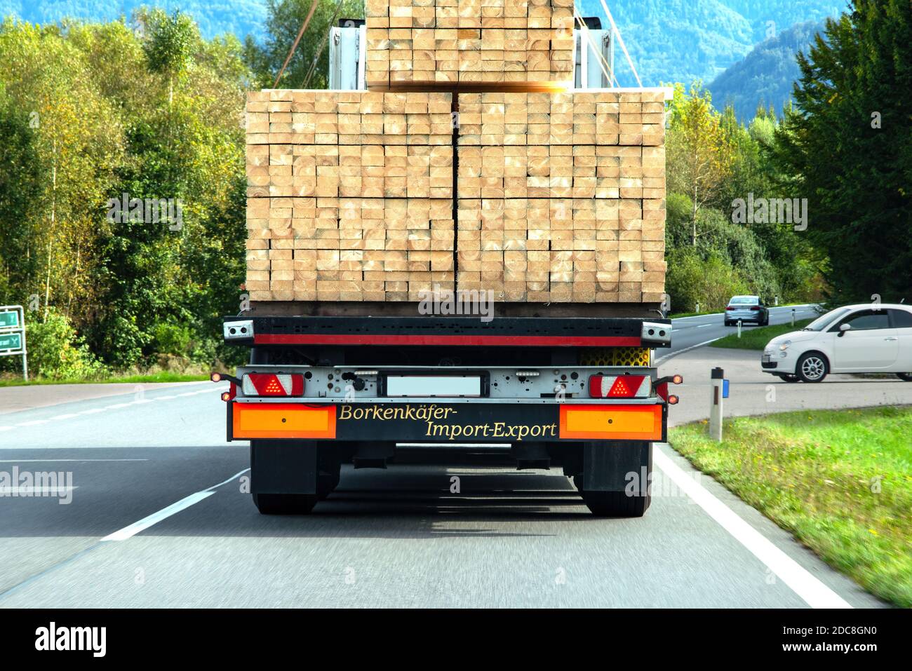 Trasportatore di legname con l'iscrizione "Bark beetle import-export / Tedesco: Borkenkäfer Import-Export" Foto Stock