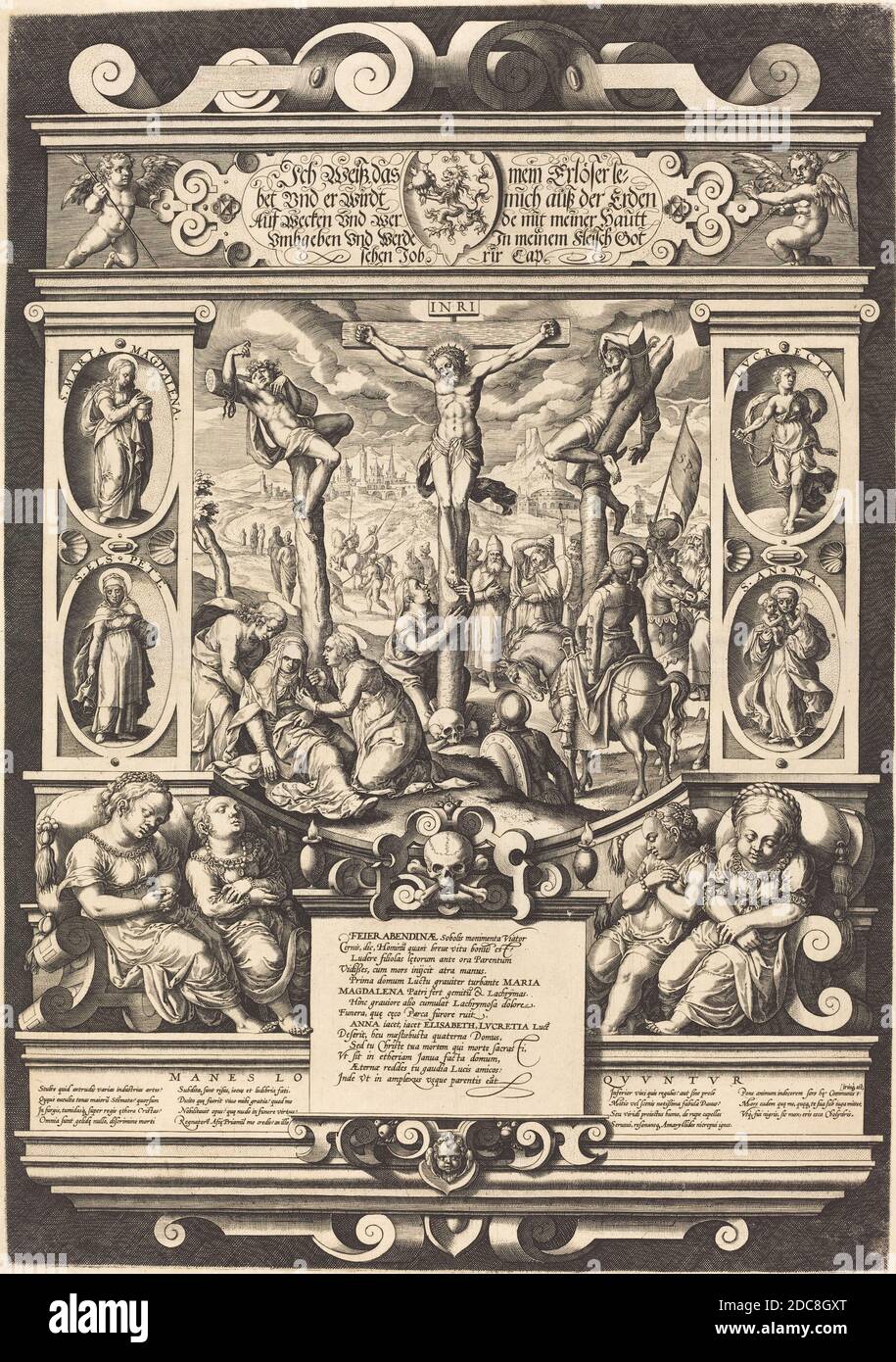 Tedesco 16 ° secolo, (artista), Monumento funebre alle Figlie di Feuerabend, 16 ° secolo, incisione su due fogli Uniti, piatto: 50 x 35 cm (19 11/16 x 13 3/4 pollici Foto Stock