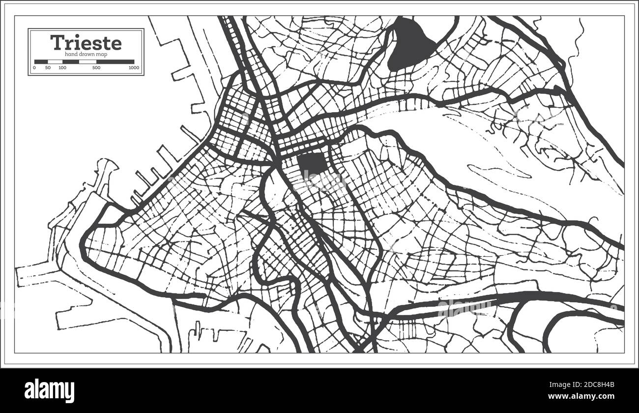 Trieste Mappa della città in bianco e nero in stile retro. Mappa di contorno. Illustrazione vettoriale. Illustrazione Vettoriale