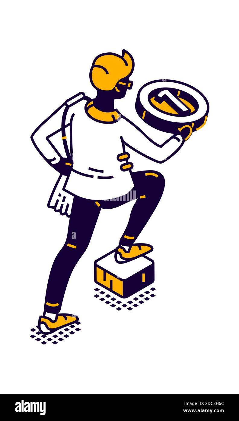 Icona isometrica dell'uomo con medaglia rotonda al primo posto, vincitore del concorso, Illustrazione Vettoriale