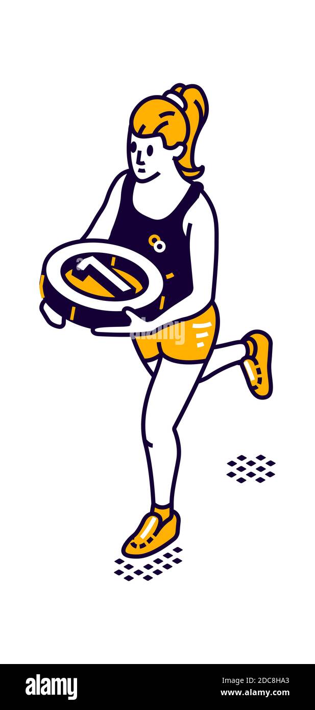 Icona isometrica della donna con medaglia rotonda al primo posto, vincitore del concorso, Illustrazione Vettoriale