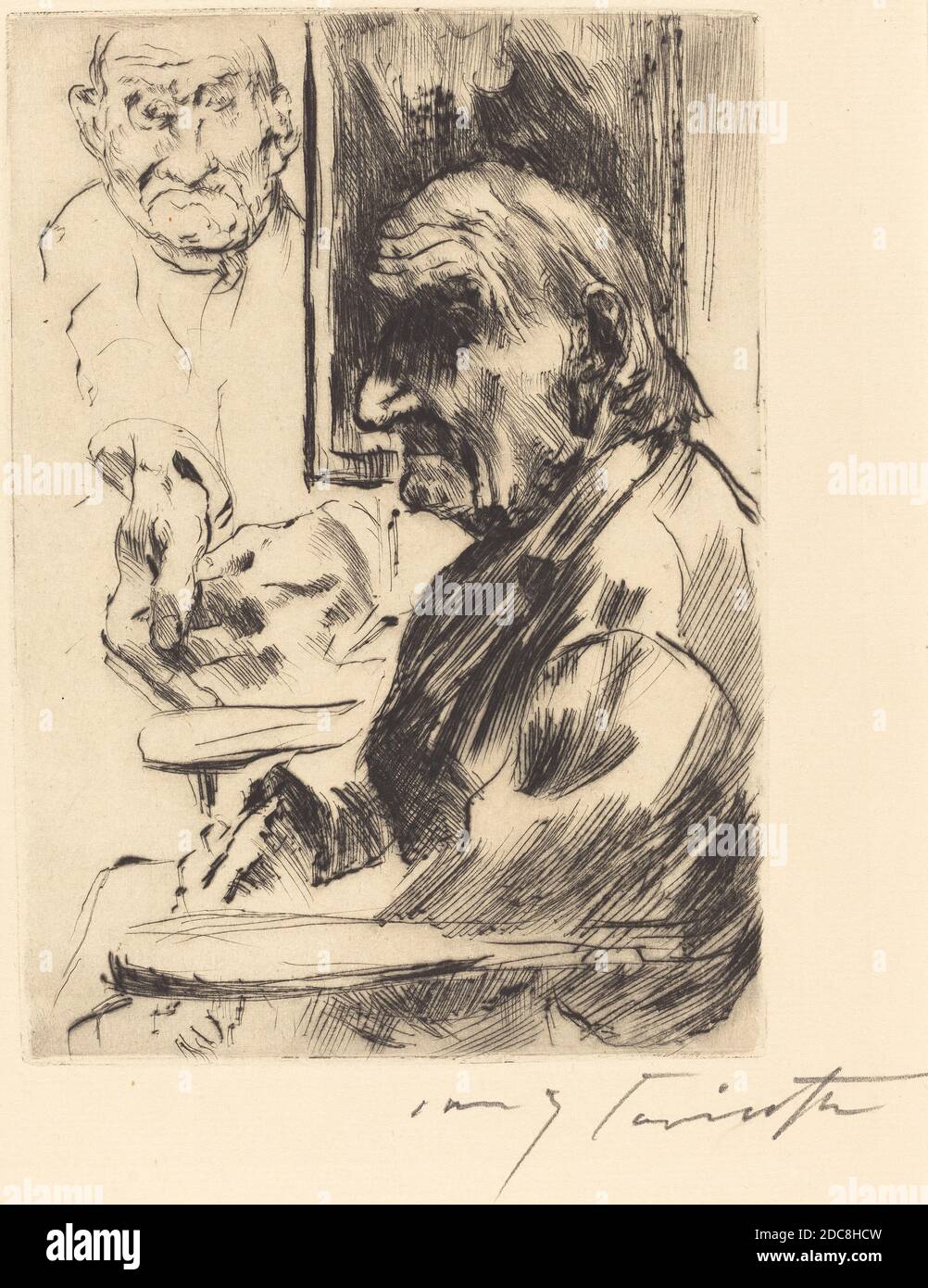 Lovis Corinth, (artista), tedesco, 1858 - 1925, Fritz Gurlitt, (editore), tedesco, 1854 - 1893, Alter Mann (Old Man), 1916, punto di essiccazione in nero su carta in foglio Van Gelder Zonen, piastra: 16.9 x 12 cm (6 5/8 x 4 3/4 pollici), foglio: 38.7 x 25.6 cm (15 1/4 x 10 1/16 pollici Foto Stock