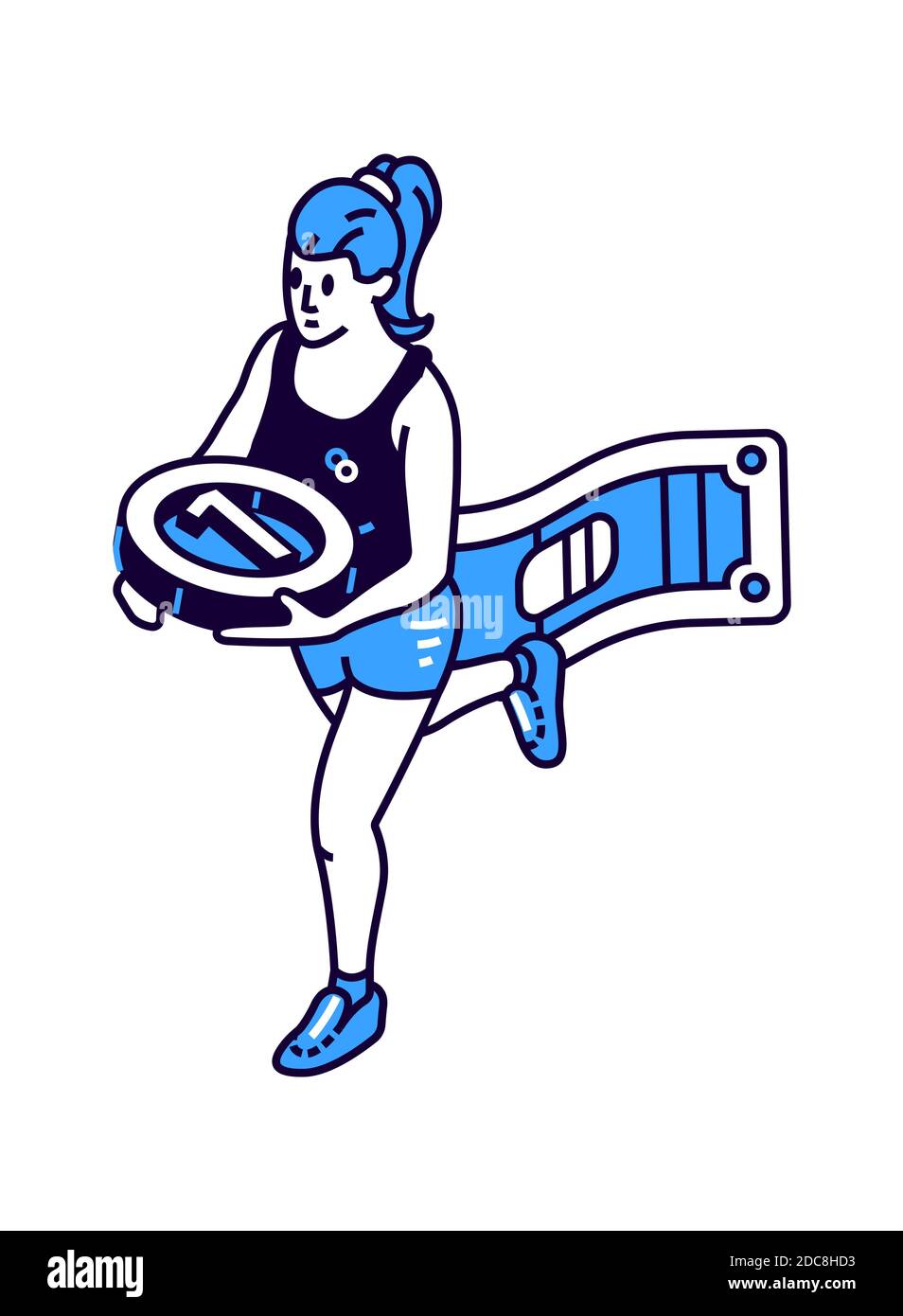 Icona isometrica della donna con medaglia rotonda al primo posto, vincitore del concorso, Illustrazione Vettoriale