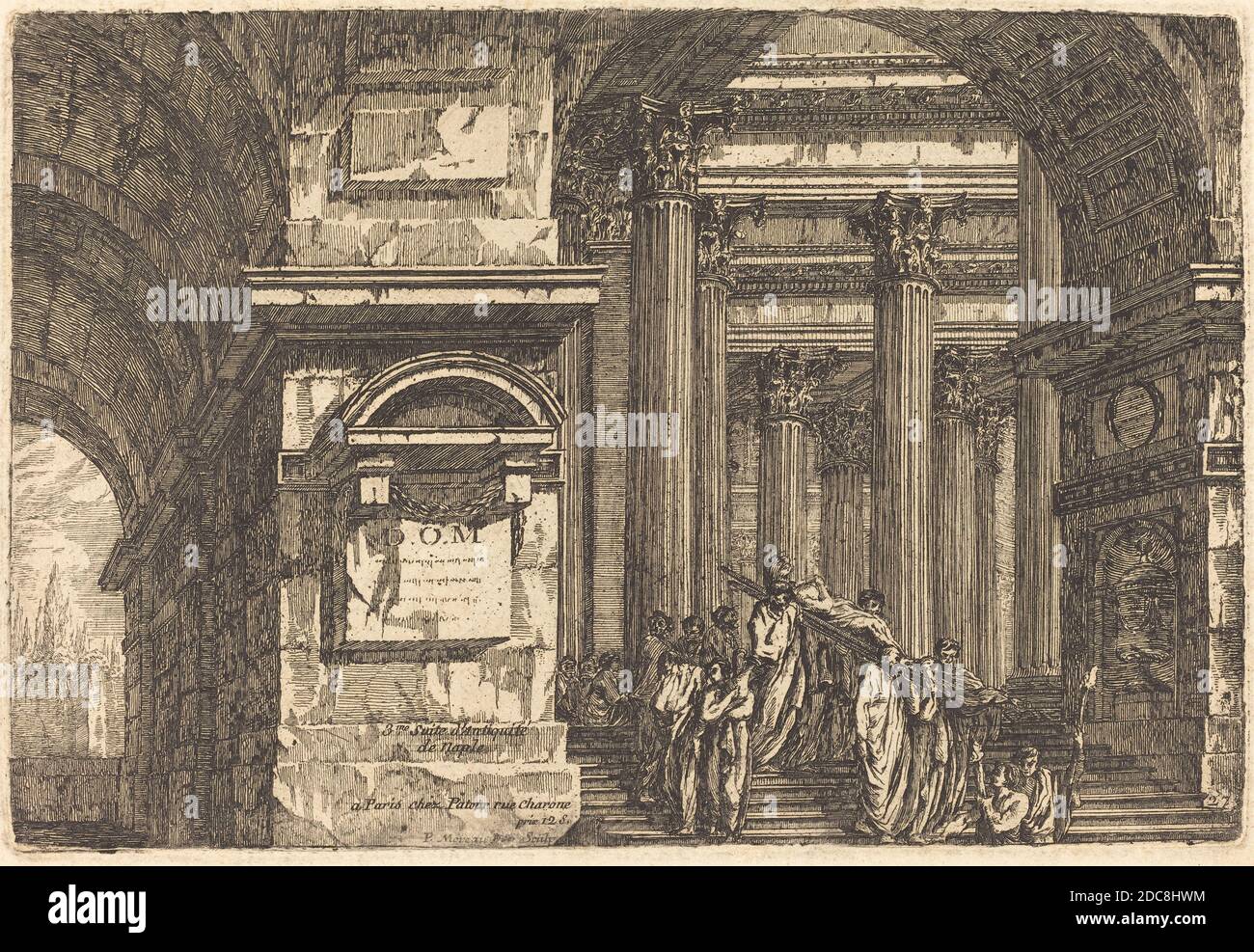 Pierre Moreau, (artista), francese, morto 1762, scena funeraria in architettura immaginaria, incisione su carta, piatto: 13.2 x 19.7 cm (5 3/16 x 7 3/4 pollici), foglio: 23.8 x 31.5 cm (9 3/8 x 12 3/8 pollici Foto Stock