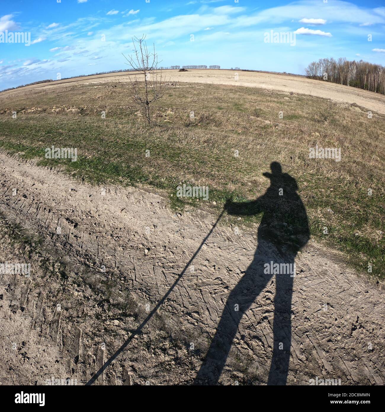 Ombra di un viaggiatore con un cane in mano. Inquadratura orizzontale sull'obiettivo fisheye. Foto Stock