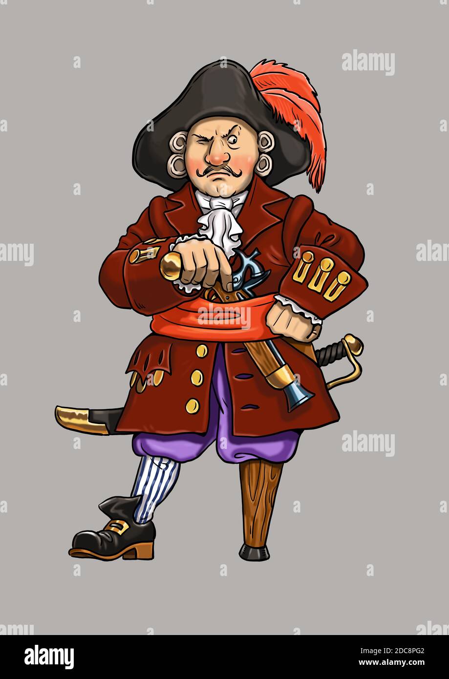 Capitano pirata con il cartoon di legno gamba. Divertente capitano Flint. Foto Stock