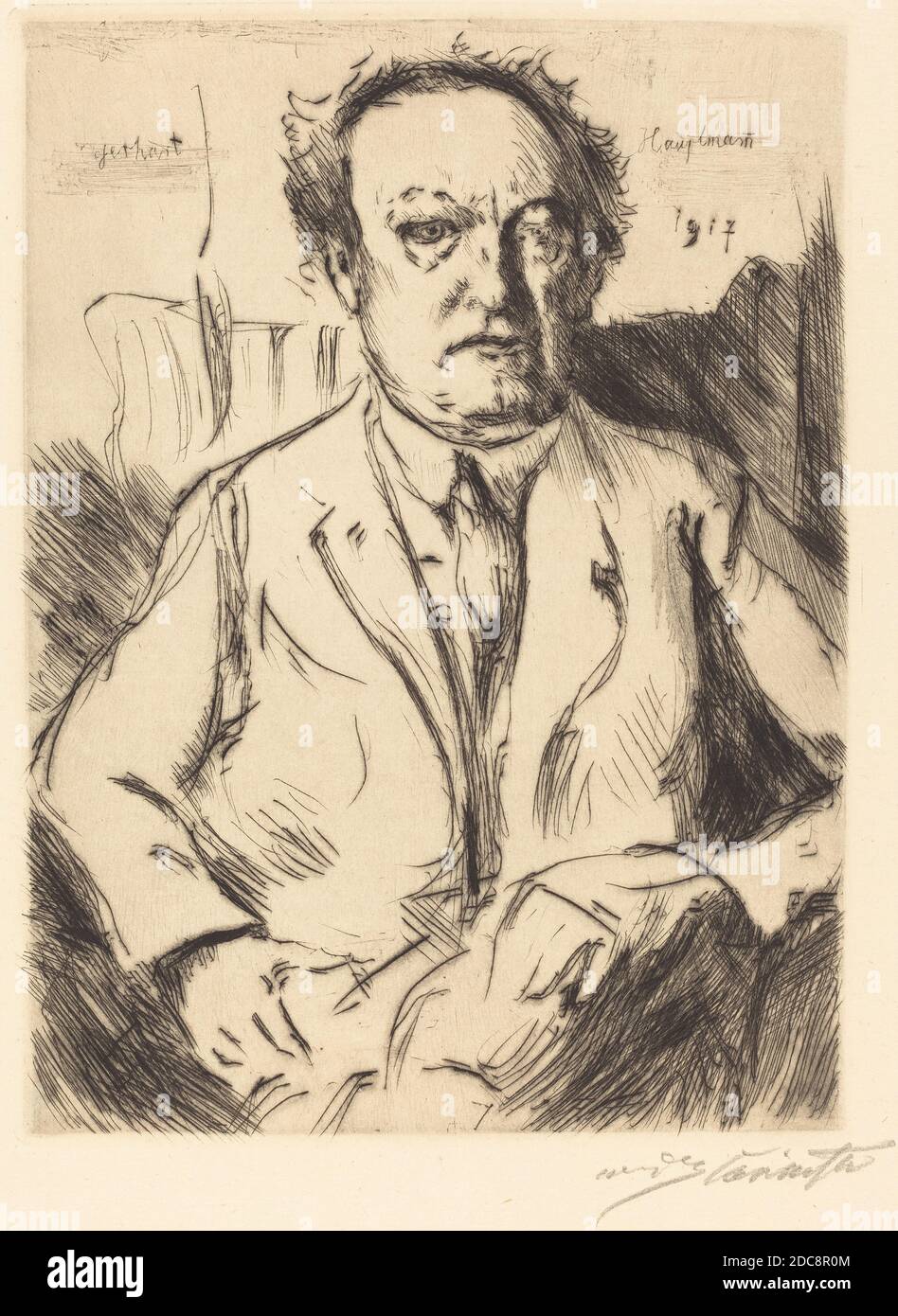 Lovis Corinth, (artista), tedesco, 1858 - 1925, Fritz Gurlitt, (editore), tedesco, 1854 - 1893, Gerhart Hauptmann, 1917, punto di essiccazione in nero su carta in foglio, piastra: 19.9 x 14.5 cm (7 13/16 x 5 11/16 pollici), foglio: 40.1 x 29.9 cm (15 13/16 x 11 3/4 pollici Foto Stock