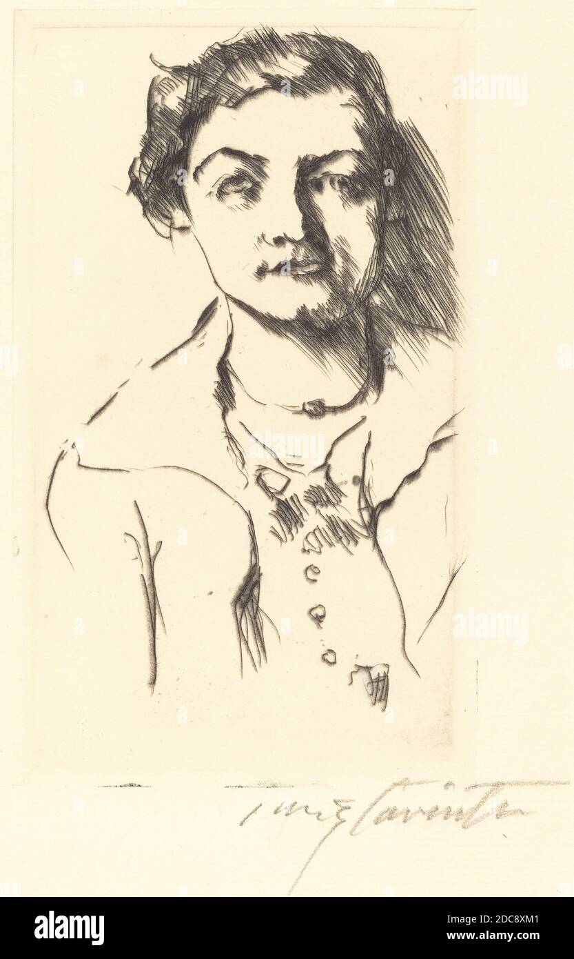 Lovis Corinth, (artista), tedesco, 1858 - 1925, Fritz Gurlitt, (editore), tedesco, 1854 - 1893, Bildnis einer Jungen Dame-Anneliese Halbe (Ritratto di una giovane donna-Anneliese Halbe), 1918, punto di essiccazione in nero su carta posata, piatto: 15 x 8.9 cm (5 7/8 x 3 1/2 pollici), foglio: 29 x 19.7 cm (11 7/16 x 7 3/4 pollici Foto Stock