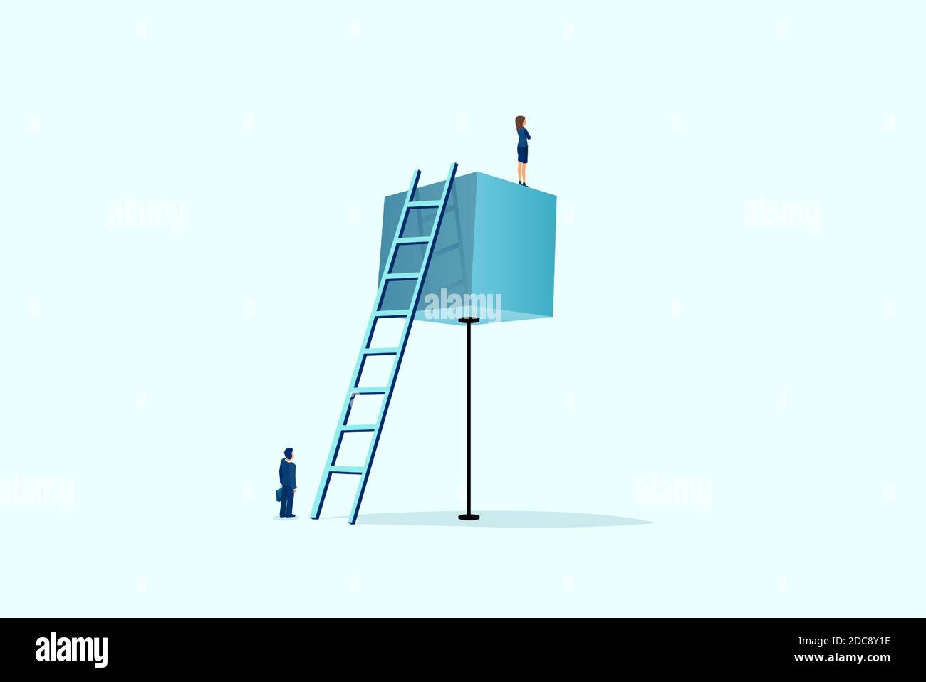 Vettore di una donna d'affari in piedi in cima a un cubo vincente una concorrenza contro l'uomo d'affari Illustrazione Vettoriale