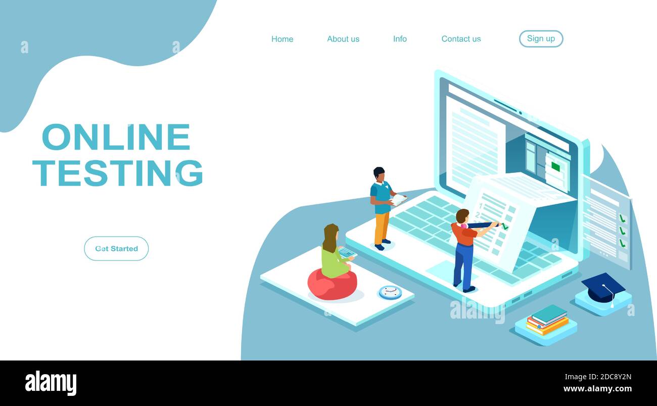 Vettore di studenti che imparano a distanza da casa facendo test online sul computer Illustrazione Vettoriale